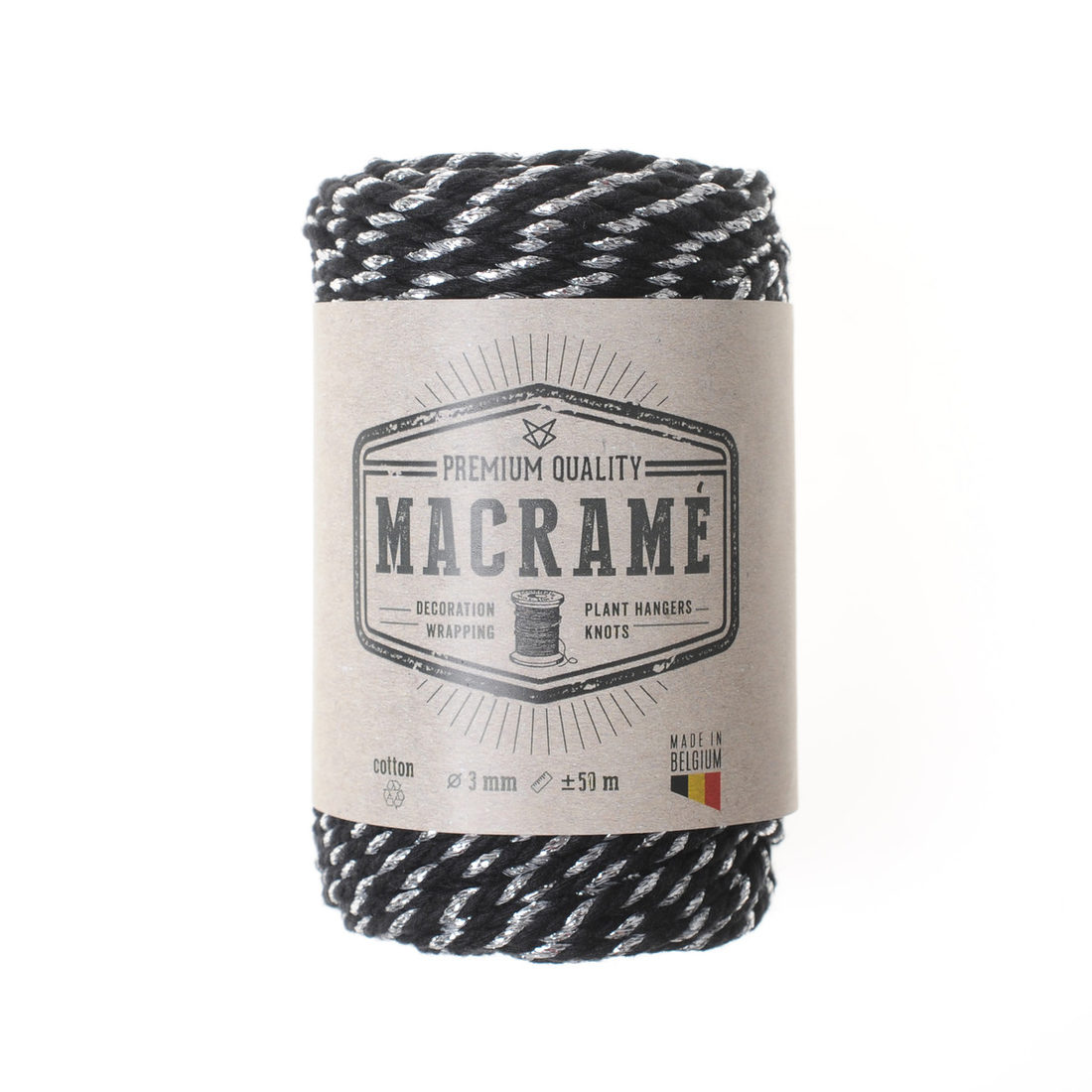 Macramé koord katoen 3 mm 50 m zwart/zilver